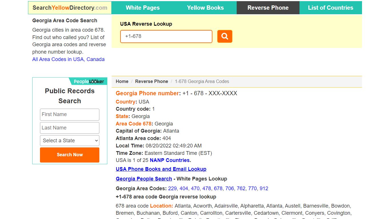 Georgia Area Code 678 Reverse Phone Number Lookup